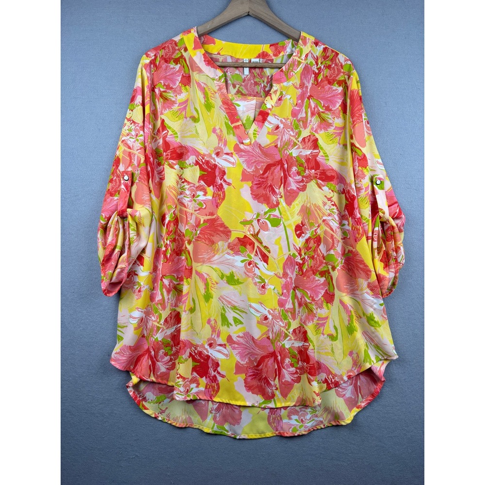 Cato Blouse Womens 18W 20W Floral Roll Tab Sleeve V-Neck Tropical Boho Summer